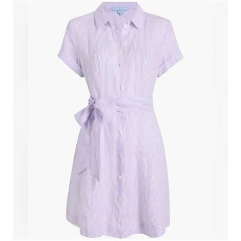 NWT Hill House 100% Linen Preppy Short Sleeve Mini Dress in Purple White Striped